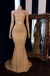 Gold Sequins Two Pieces Strapless Mermaid Prom Dress